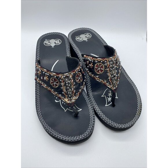 Boos Thong Sandals Women’s Black Beaded Aztec Summer Rubberized Size 9M - Picture 1 of 11
